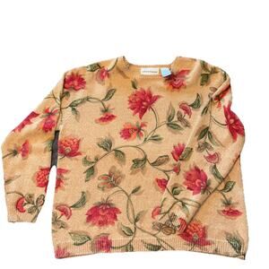 Women's Alfred Dunner Knit Sweater Embroidered Sequin Flower Sz M Cream/Red